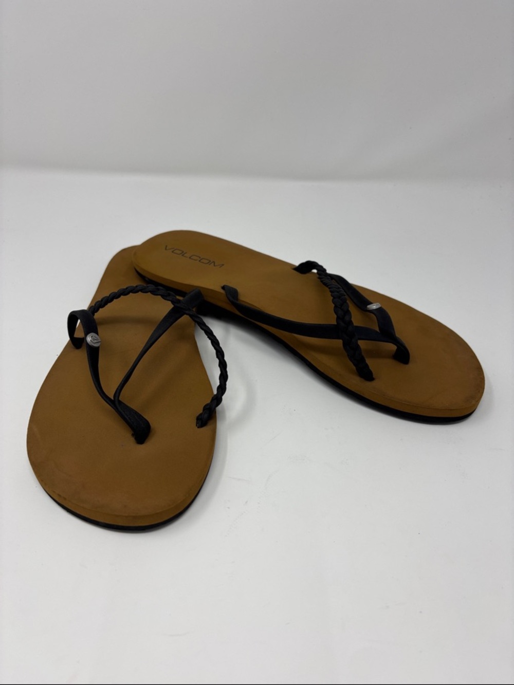 Volcom Brown Footbed Black Braided Strap Sandals